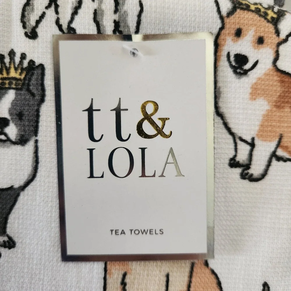tt & LOLA Royal Dogs with Crowns Waffle Weave Tea Towel Set White Multicolor New